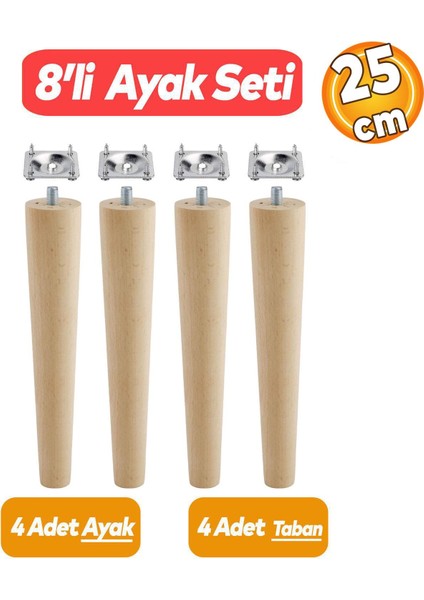 Ahşap (25 CM) Sehpa Puf Tabure Tv Ünitesi Ayağı Ayakları M8 Civatalı Bağlantı Aparatlı 4'lü Set