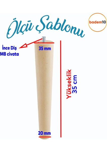 Ahşap (35 CM) Sehpa Masa Puf Tabure Tv Ünitesi Ayağı Ayakları M8 Civatalı Bağlantı Aparatlı 4'lü Set