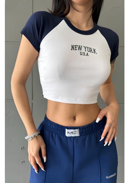 New York Baskılı Crop T-Shirt
