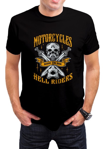 Kuru Kafa Motorcu Baskılı Siyah Unisex T-Shirt C301