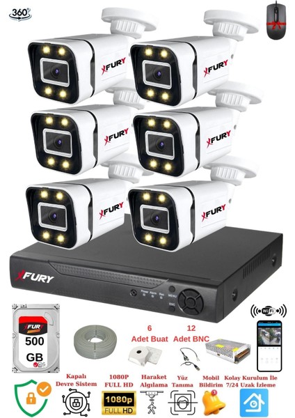 6 Kameralı Full Hd Gece Renkli - Su Geçirmez Ultra LED Güvenlik Kamerası Seti 500 GB