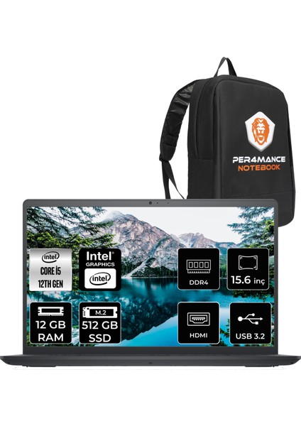 Inspiron 15 3520 Intel Core I5 1235U 12GB 512GB SSD 15.6'' Fhd Fdos Taşınabilir Bilgisayar I352024052009U & Per4 Çanta I352024052009U38