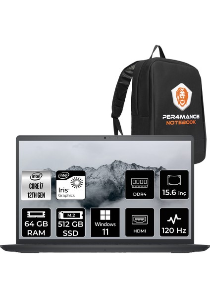 Inspiron 3520 Intel Core I7 1255U 64GB 512GB SSD 15.6'' Fhd Windows 11 Pro Taşınabilir Bilgisayar I35201013U & Per4 Çanta I35201013UP178