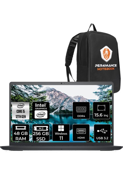Inspiron 15 3520 Intel Core I5 1235U 48GB 256GB SSD 15.6'' Fhd Windows 11 Home Taşınabilir Bilgisayar I352024052009U & Per4 Çanta I352024052009U122