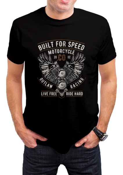 Kanatlı Motor Baskılı Siyah Unisex T-Shirt C303