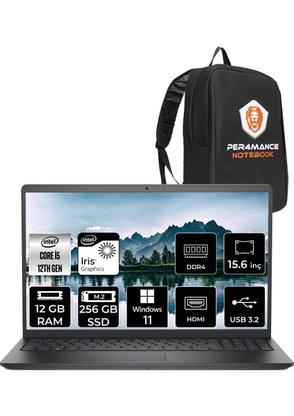 Vostro 3520 Intel Core I5 1235U 12GB 256GB SSD 15.6'' Fhd Windows 11 Pro Taşınabilir Bilgisayar N5315PVNB3520U & Per4 Çanta N5315PVNB3520UP137