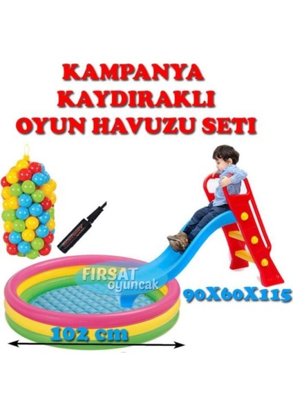 Kaydırak Çocuk Oyun Havuzu Tabanı Şişimeli 100 Adet Top Şişirme Pompası Tam Set