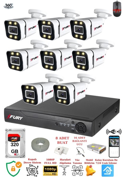 8 Kameralı Full Hd Gece Renkli - Su Geçirmez Ultra LED Güvenlik Kamerası Seti 320 GB