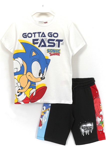 Kirpi Sonic Baskılı Erkek Çocuk Kapri T-Shirt Kısa Kollu Takım 4-10 Yaş Beyaz Siyah 001-0001896