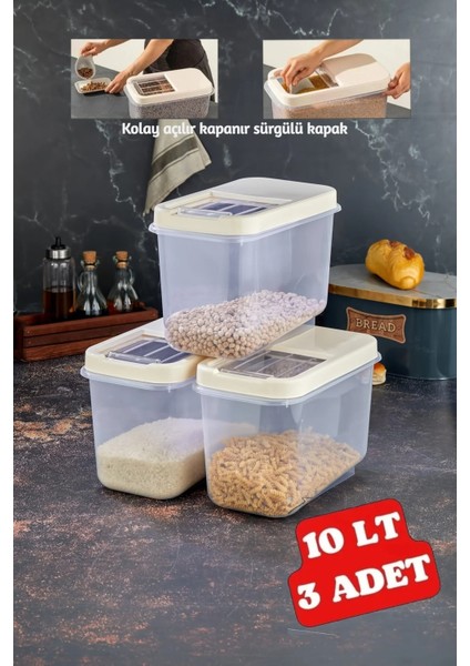 3 Adet 10 Lt Kolay Kayar Kapaklı Multibox Erzak Bakliyat Vs. Saklama Kabı