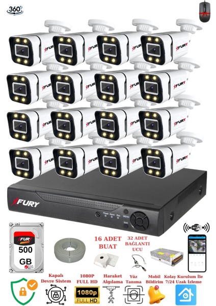 16 Kameralı Full Hd Gece Renkli - Su Geçirmez Ultra LED Güvenlik Kamerası Seti 500 GB