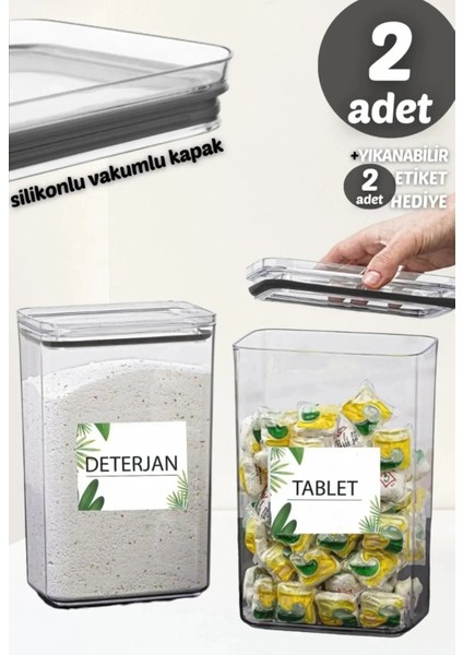 Çok Amaçlı Dekoratif Dikdörtgen 2,2lt Vakum Kapaklı 2'li Set Tablet / Deterjan Kutusu - Kavanozu