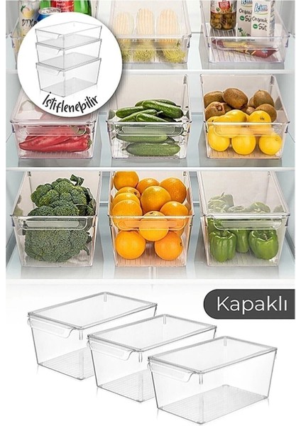3 Adet Büyük Boy Kapaklı Buzdolabı Düzenleyici Saklama Kabı Buzdolabı Organizeri Meyve Sebze Saklama