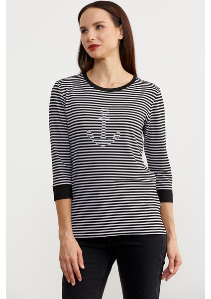 Çapa Detaylı Çizgili Penye T-Shirt - Siyah modelleri