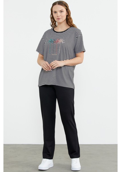 Sıfır Yaka Nakış Detaylı Çizgili Penye Takım - Siyah fiyatları