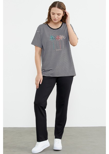 Sıfır Yaka Nakış Detaylı Çizgili Penye Takım - Siyah modelleri