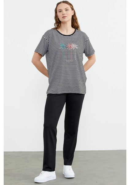 Sıfır Yaka Nakış Detaylı Çizgili Penye Takım - Siyah fırsatları