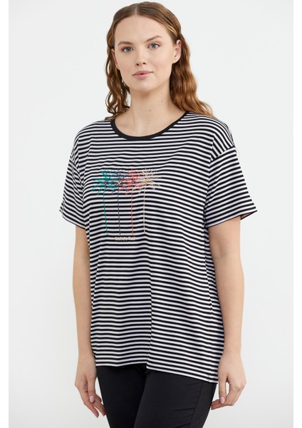 Sıfır Yaka Nakış Detaylı Çizgili Penye Takım - Siyah indirimleri