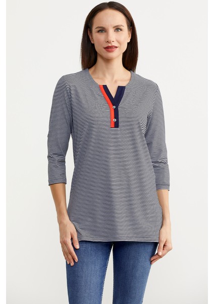 Çizgili Truvakar Kol T-Shirt - Lacivert