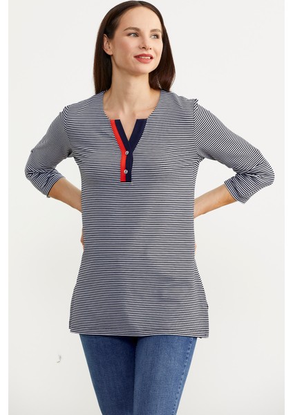 Çizgili Truvakar Kol T-Shirt - Lacivert fiyatları