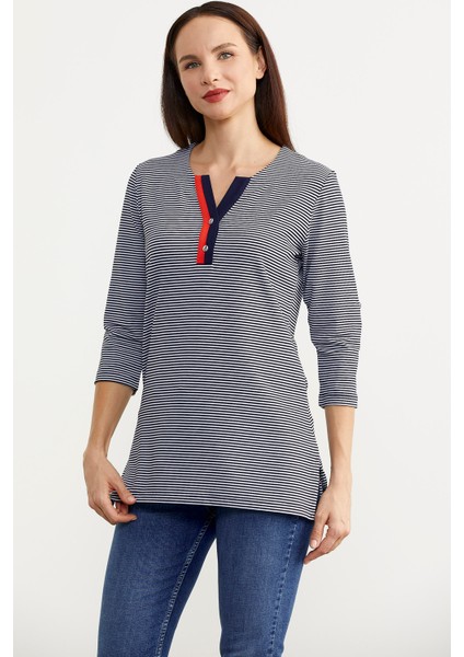 Çizgili Truvakar Kol T-Shirt - Lacivert modelleri