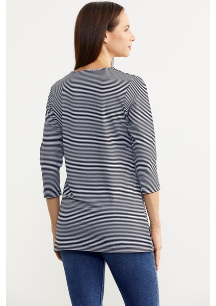Çizgili Truvakar Kol T-Shirt - Lacivert indirimleri