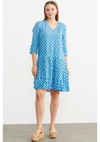 Puantiye Desenli Rahat Kalıp Dökümlü Elbise - Mavi