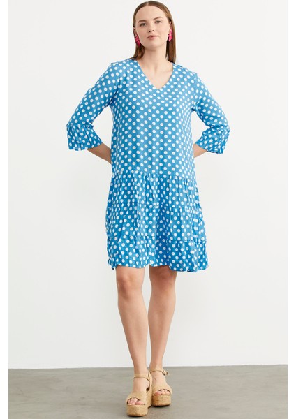 Puantiye Desenli Rahat Kalıp Dökümlü Elbise - Mavi fırsatları