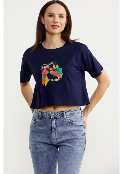 Oversize Baskılı Crop T-Shirt - Lacivert