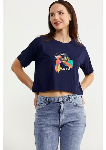 Oversize Baskılı Crop T-Shirt - Lacivert