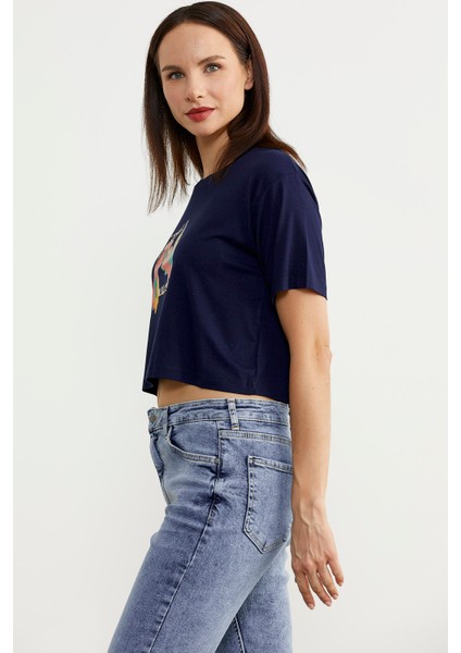 Oversize Baskılı Crop T-Shirt - Lacivert