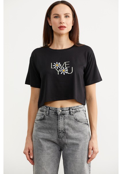 Oversize Baskılı Crop T-Shirt - Siyah