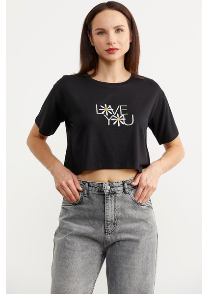 Oversize Baskılı Crop T-Shirt - Siyah fiyatları