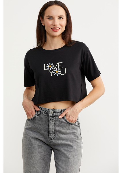 Oversize Baskılı Crop T-Shirt - Siyah modelleri