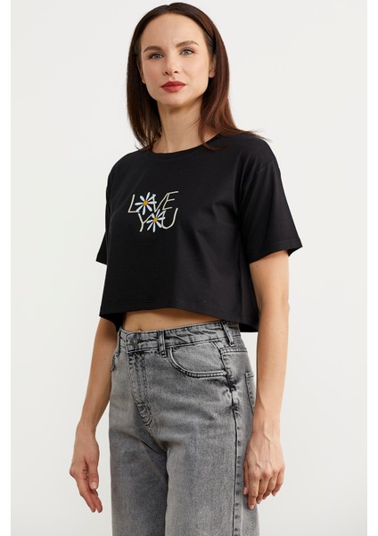 Oversize Baskılı Crop T-Shirt - Siyah fırsatları