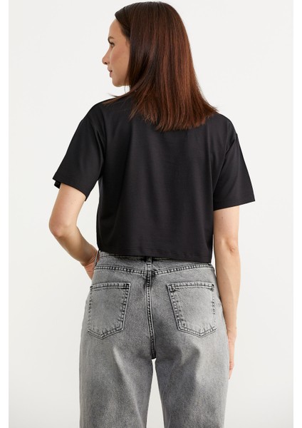 Oversize Baskılı Crop T-Shirt - Siyah indirimleri
