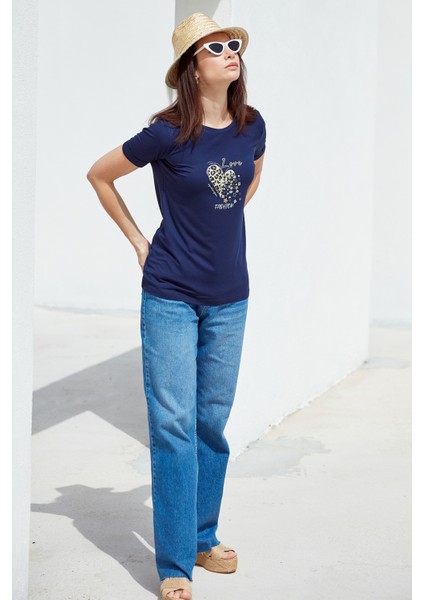 Varak Baskılı Dökümlü T-Shirt - Lacivert