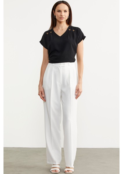 Yüksek Bel Pileli Palazzo Pantolon - Ekru