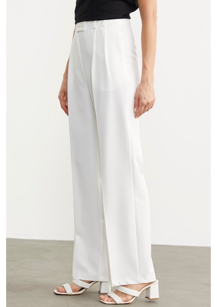 Yüksek Bel Pileli Palazzo Pantolon - Ekru modelleri