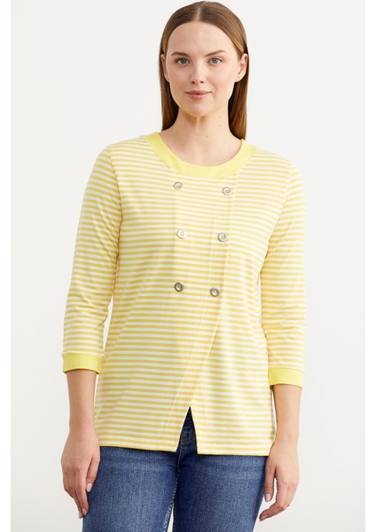 Çizgili Uzun Kol Düğme Detaylı T-Shirt - Sarı