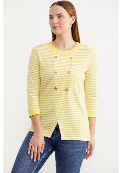 Çizgili Uzun Kol Düğme Detaylı T-Shirt - Sarı modelleri