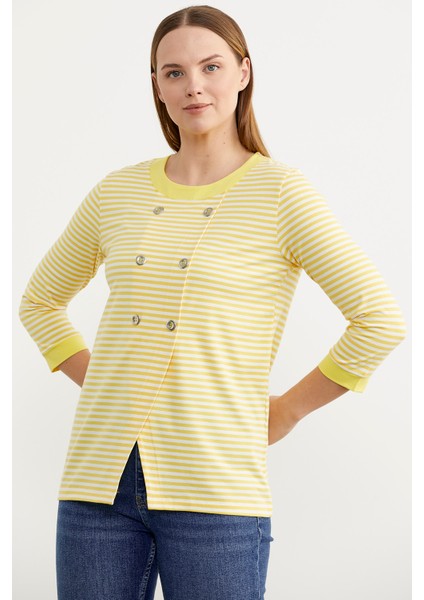 Çizgili Uzun Kol Düğme Detaylı T-Shirt - Sarı fırsatları