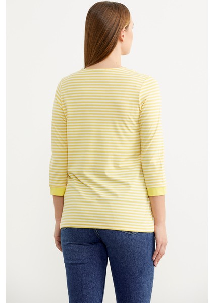 Çizgili Uzun Kol Düğme Detaylı T-Shirt - Sarı indirimleri