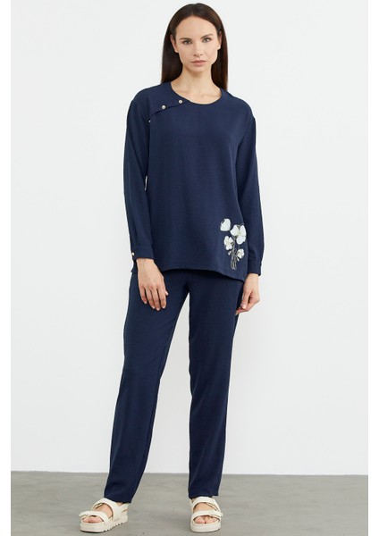 Baskı Detaylı Uzun Kol Krep Takım - Lacivert