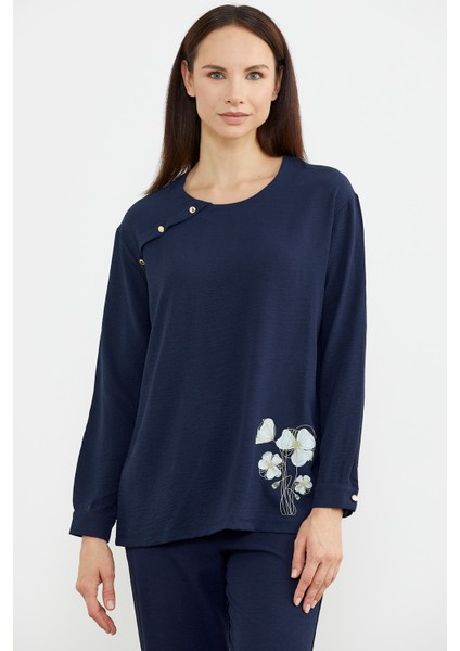 Baskı Detaylı Uzun Kol Krep Takım - Lacivert fiyatları