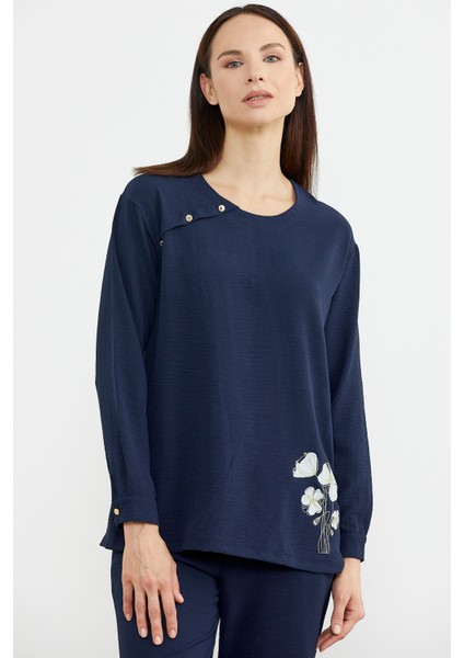 Baskı Detaylı Uzun Kol Krep Takım - Lacivert modelleri