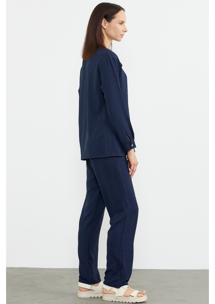 Baskı Detaylı Uzun Kol Krep Takım - Lacivert indirimleri