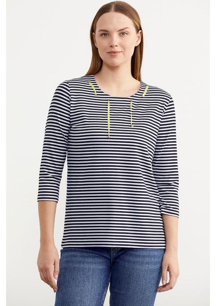 Neon Ip Detaylı Çizgili T-Shirt - Lacivert