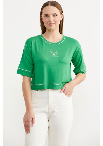 Sim Detaylı Oversize Crop T-Shirt - Yeşil