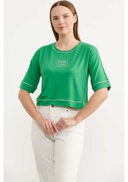 Sim Detaylı Oversize Crop T-Shirt - Yeşil modelleri